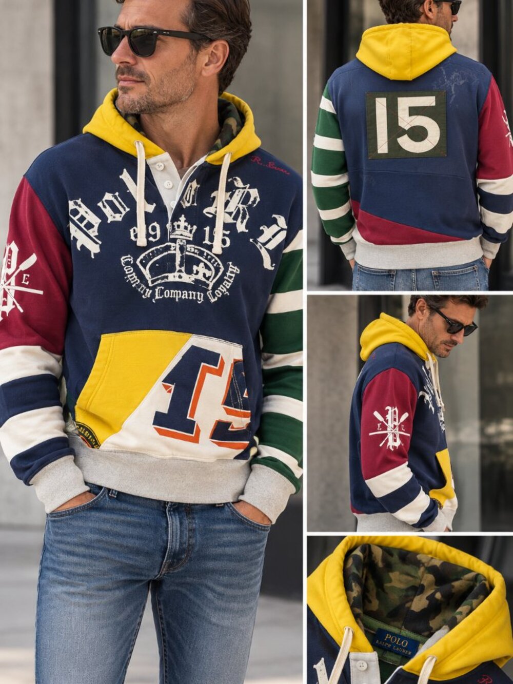 Rare Limited - Polo Ralph Lauren Patchwork Rugby Hoodie Camo Hood Skull Men's M